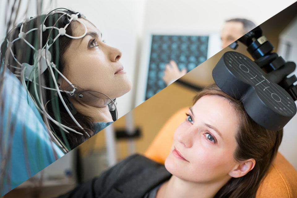 Split screen of EEG and TMS treatment, the components of MeRT.